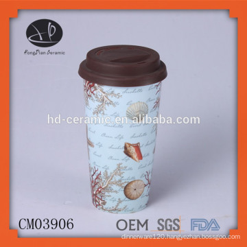 ceramic coffee mug with silicone lid;15oz unbreakable double wall mug with decal,Porcelain Cup with Silicon Lid